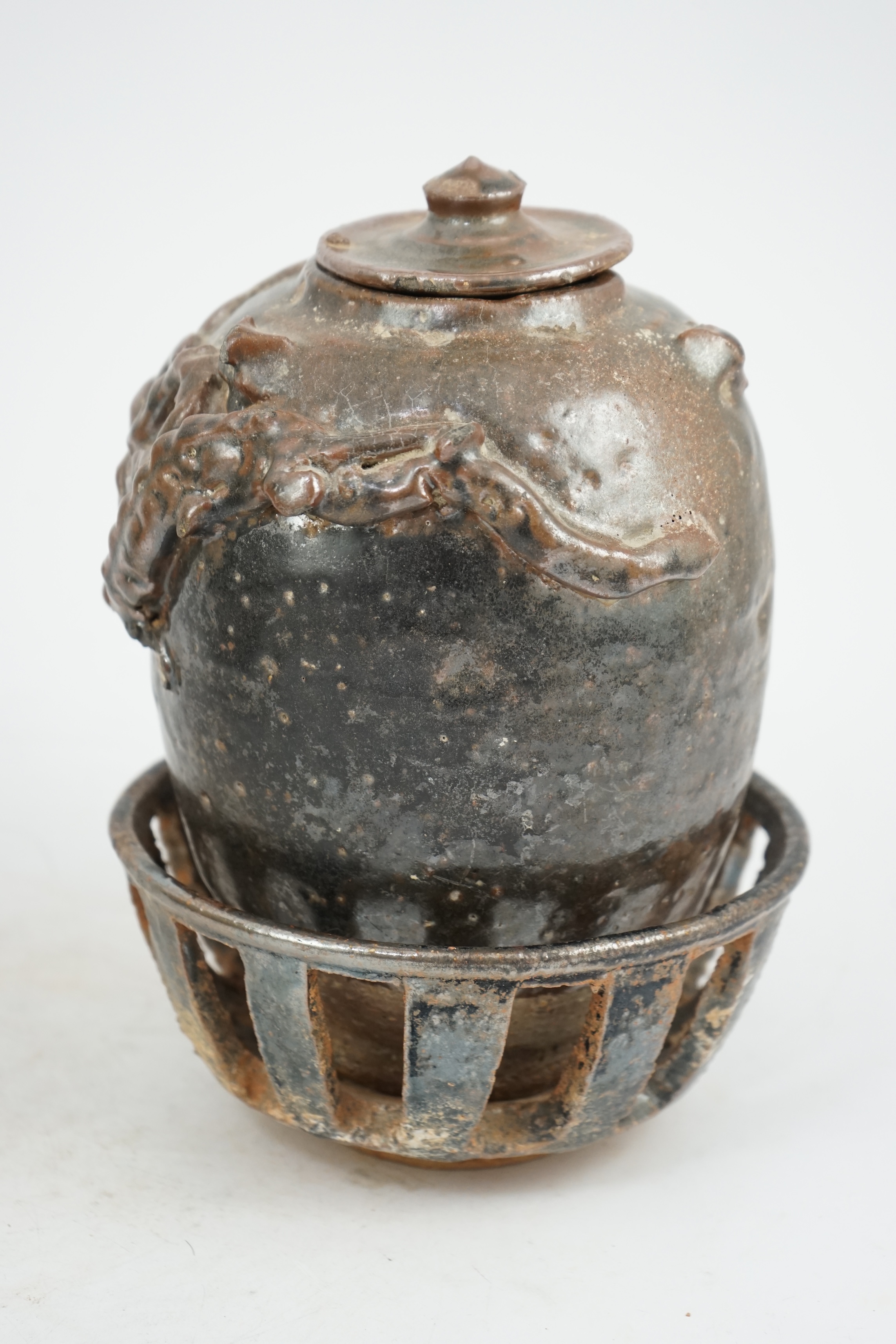 A Chinese Song Dynasty stoneware jar with rare stand and cover, Song Dynasty (AD 960-1279)